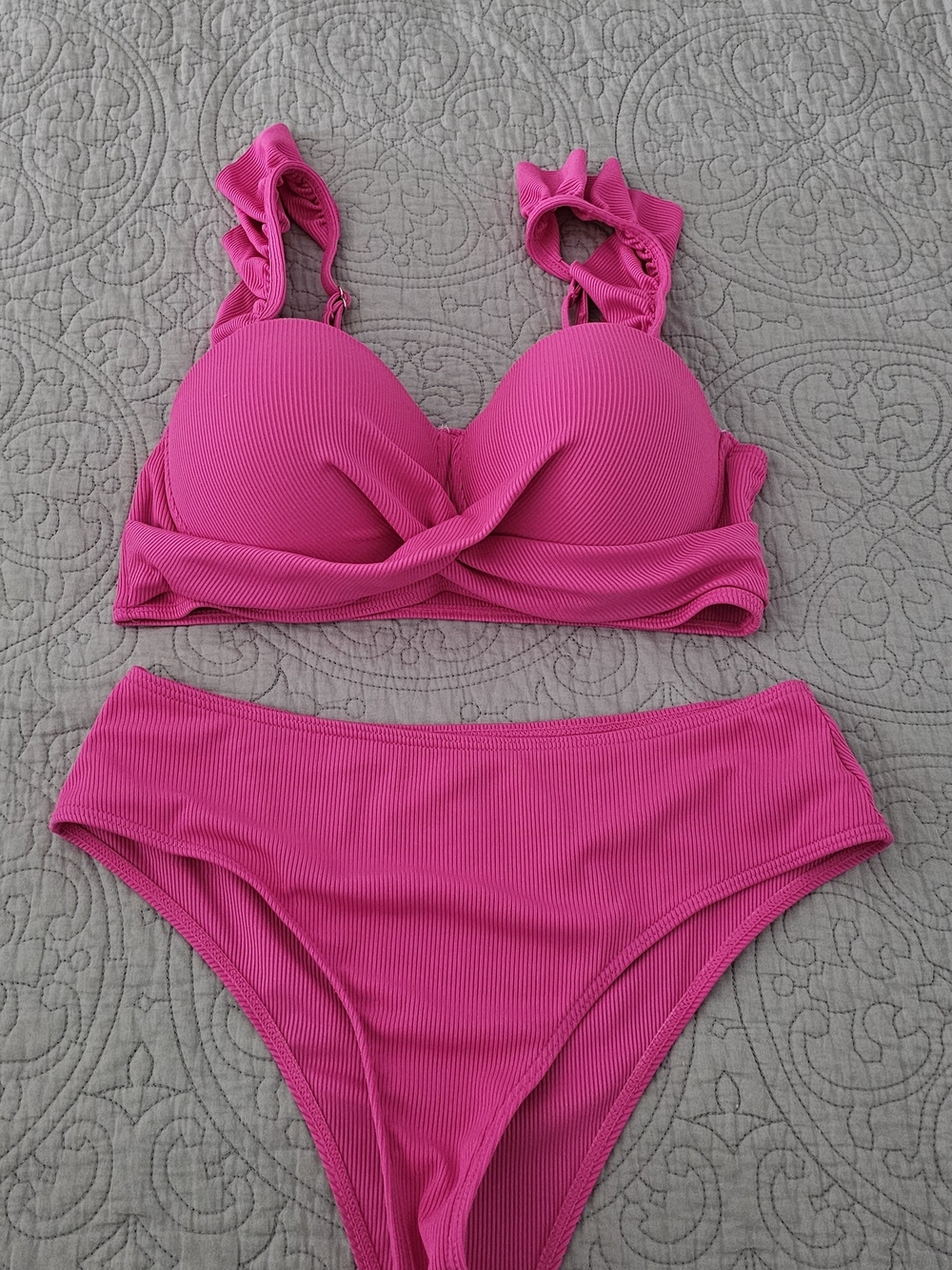 SHEIN Ribbed Twisted Front Bikini Set - Hot Pink